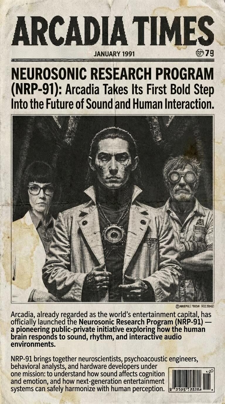 Arcadia Times, January 1991 — Neurosonic Research Program (NRP-91) announced