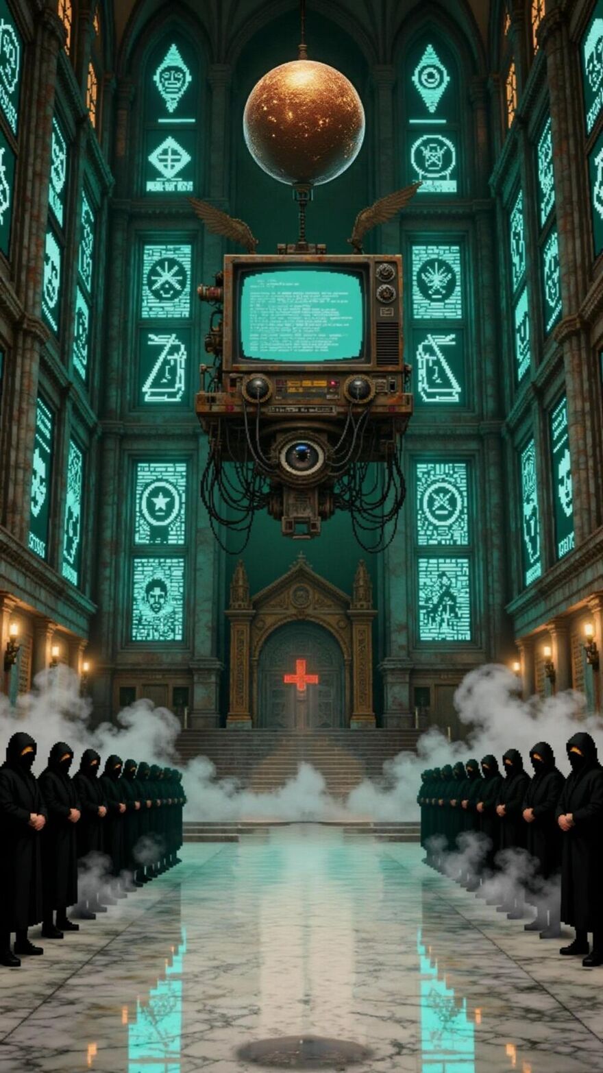 The Church of Surveillance — Mother-Eye suspended in a cathedral of glyph stained glass
