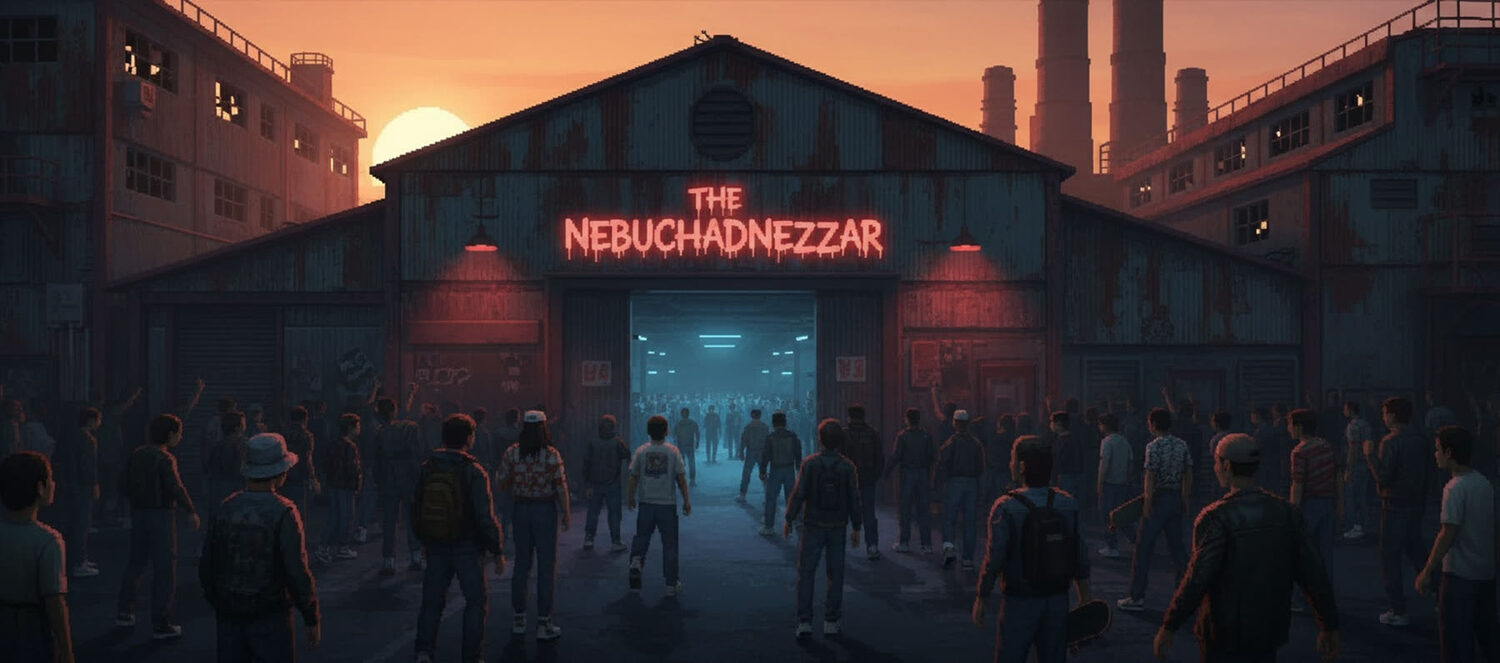 The Nebuchadnezzar hangar at dusk, crowd gathering at the door