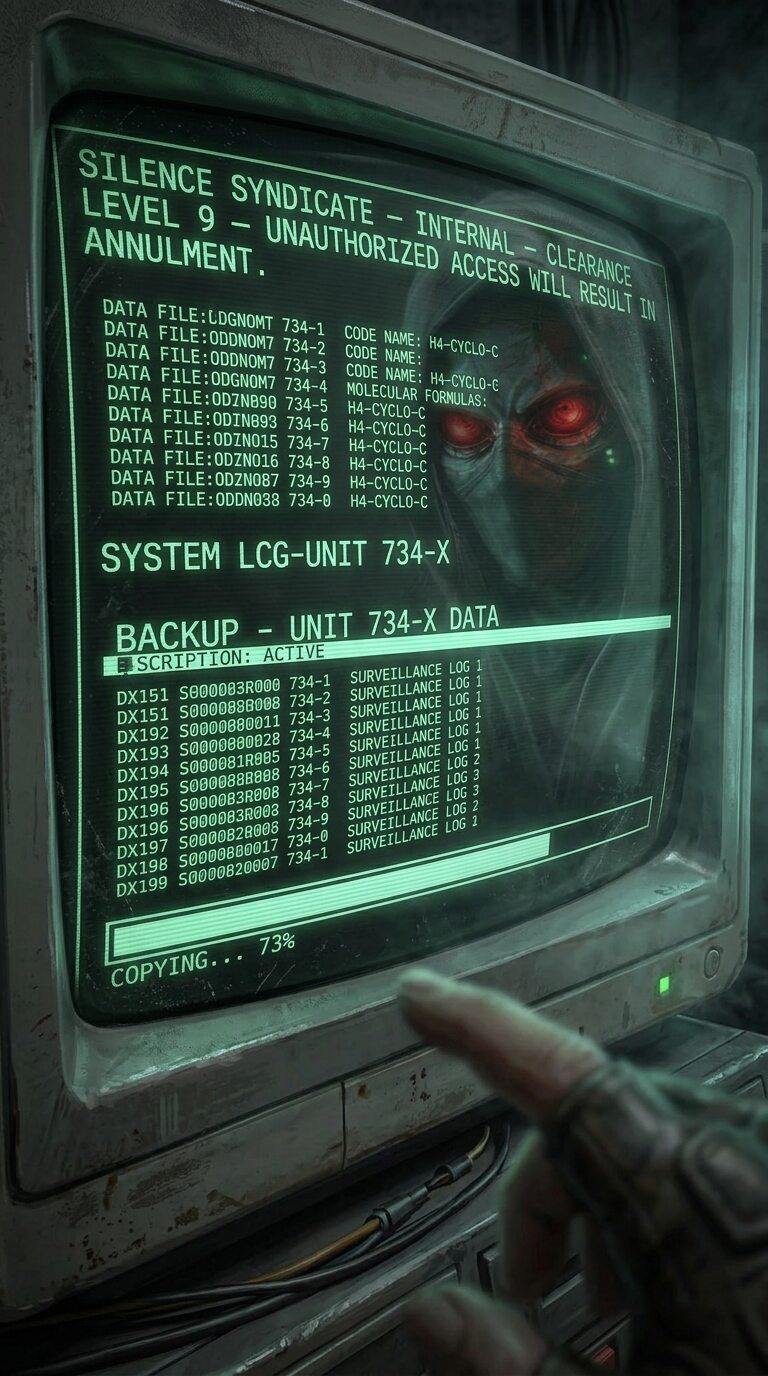 Clearance Level 9 terminal — a hooded Nuller reflected in the glass