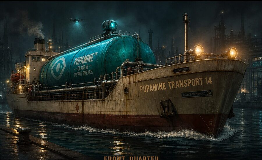 Popamine Transport 14 tanker entering the harbor at night